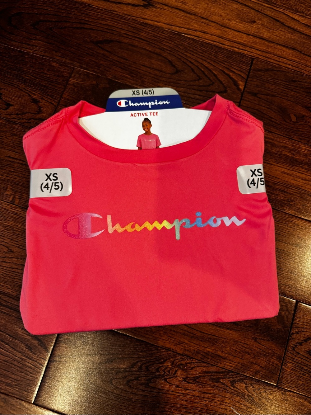 Champion Girls' Bright Pink Short Sleeve Tee with Rainbow Logo